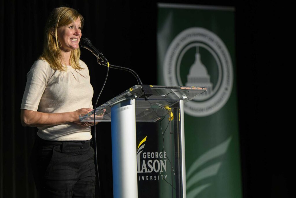 Conservation Nation's Elise Bernardoni speaks during the opening session George Mason University's Washington Youth Summit on the Environment