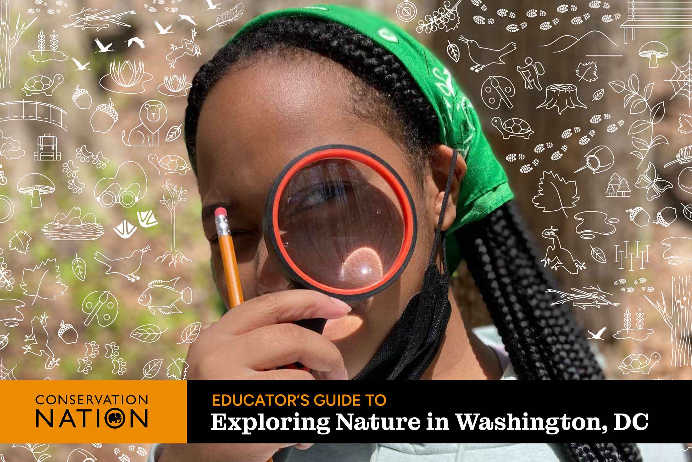 black girl with braided hair wearing a mask and holding a pencil while looking at the camera through a magnifying glass