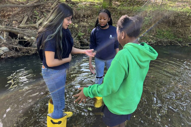 two young Black students wearing yellow waterproof boots while standing in a shallow creek while an adult supervisor shows them something that was in the water