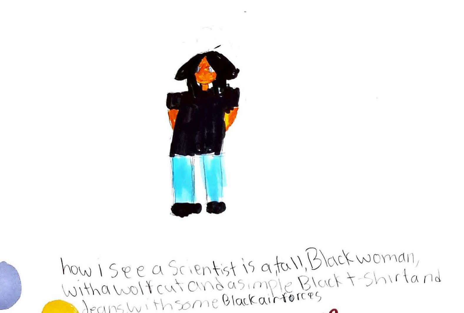 colored pencil drawing of a Black woman wearing a dark top and blue pants with text written underneath