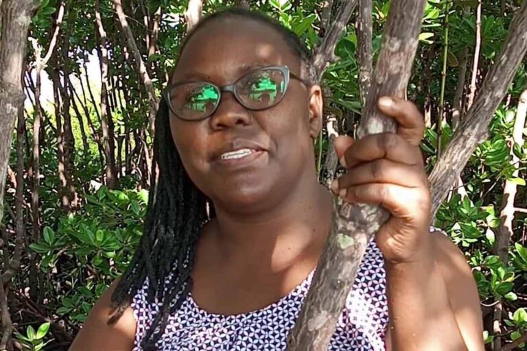 a woman wearing glasses holding a branch stands in a mangrove