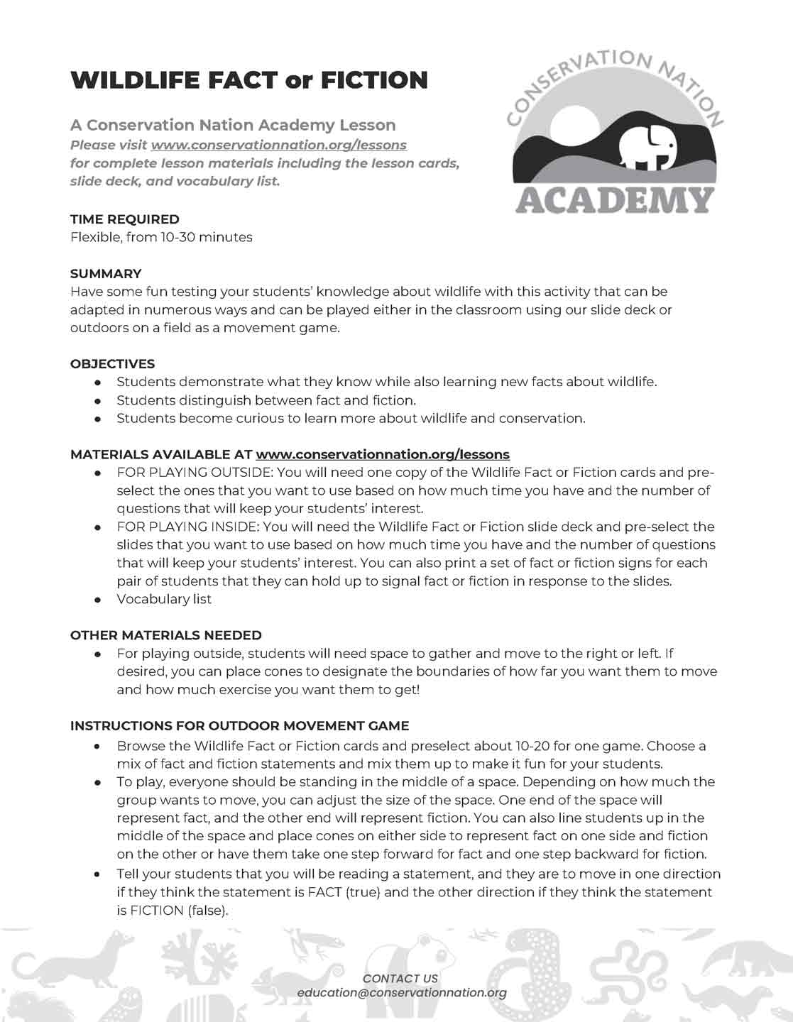 sample page from a conservation nation academy lesson plan with words and a logo