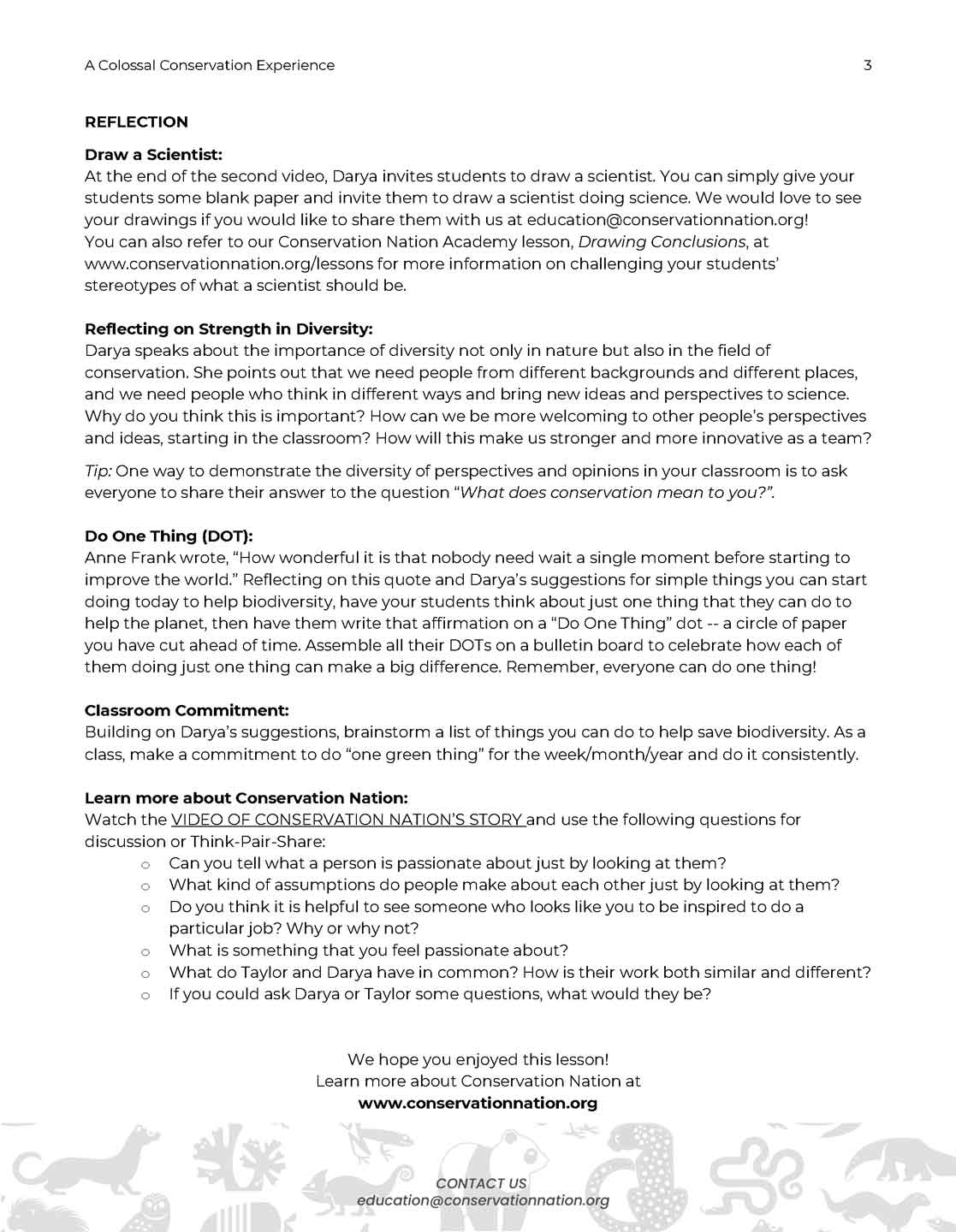 sample page from a conservation nation academy lesson plan with words and a graphic