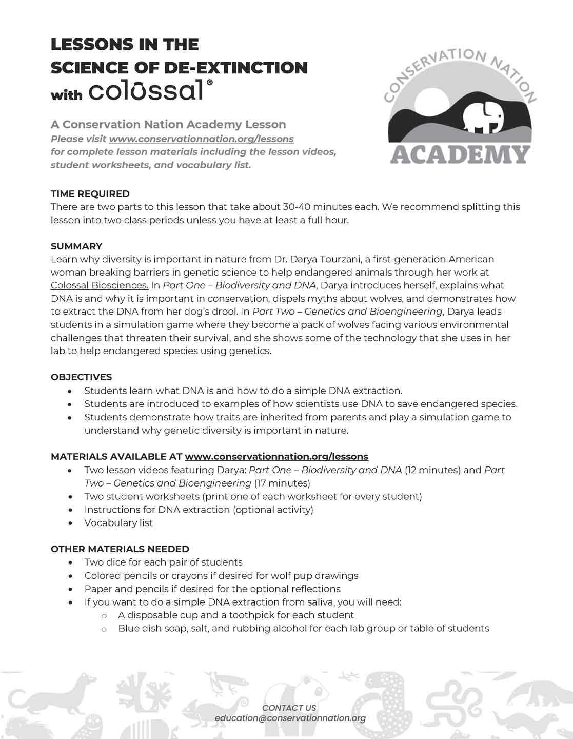 sample page from a conservation nation academy lesson plan with words and a logo