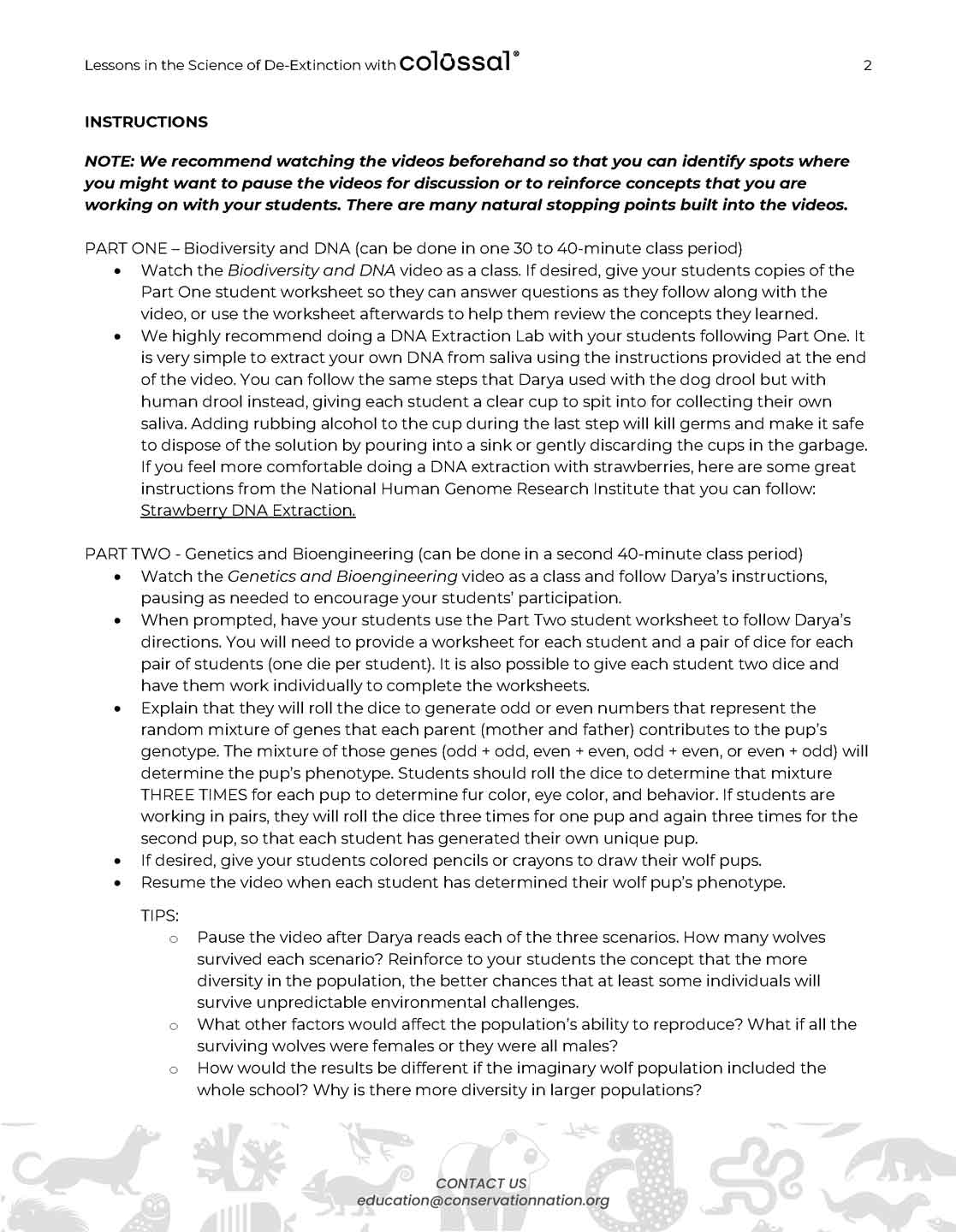 sample page from a conservation nation academy lesson plan with words and a logo