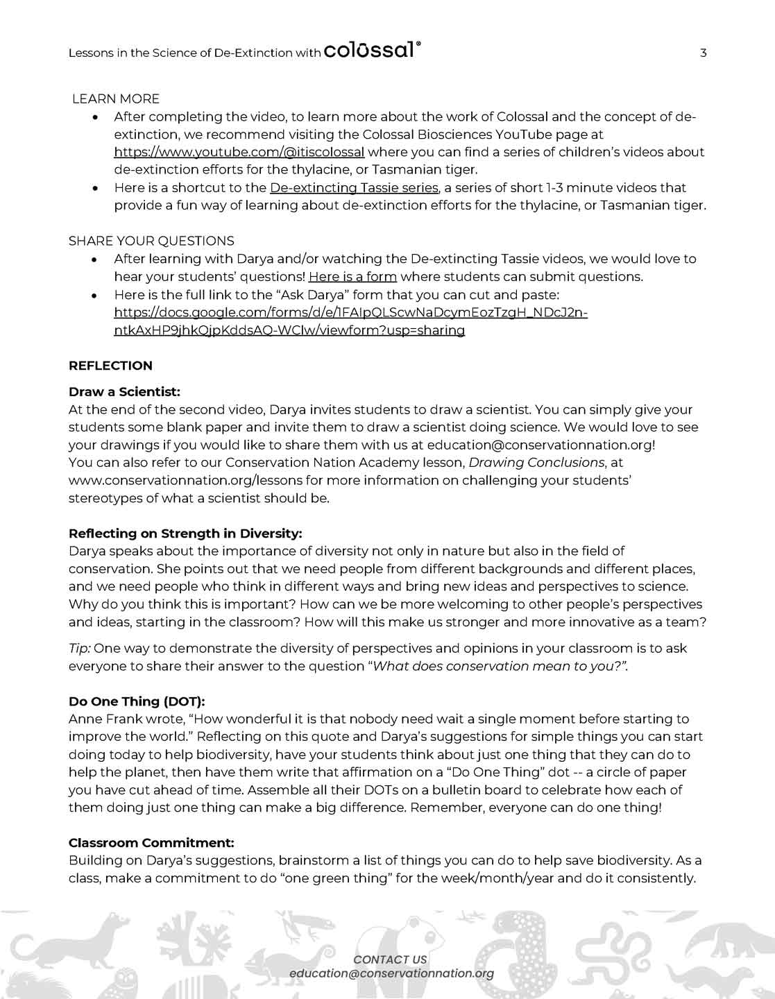 sample page from a conservation nation academy lesson plan with words and a logo