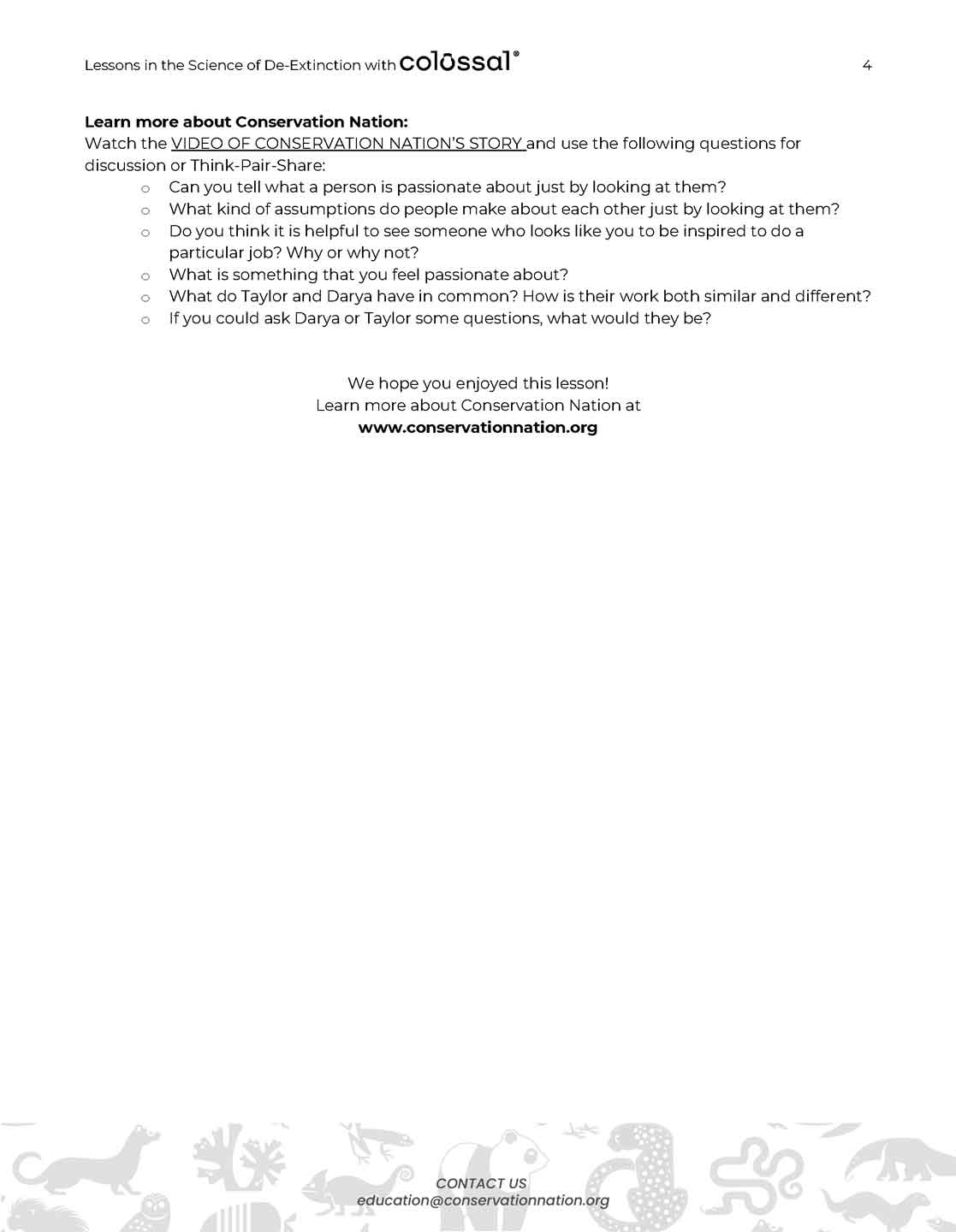 sample page from a conservation nation academy lesson plan with words and a logo